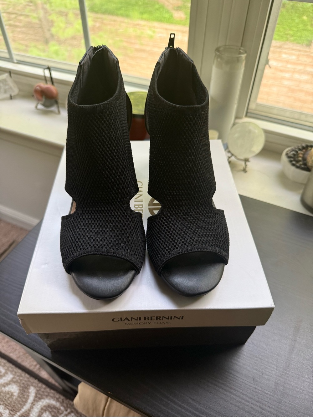 Giani Bernini Black Knit Peep-Toe Ankle Heels